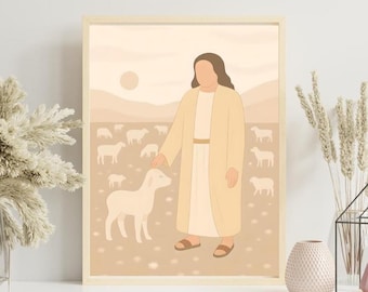 Jesus the Shepherd Wall Art – Good Shepherd Print, Jesus Leaves the 99, Lost Lamb Christian Poster, Minimalist Bible Artwork