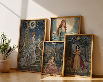 Set of 6 Princess Tapestry Wall Art Prints | Fairytale Medieval Fantasy Decor | Enchanted Castle Gothic Lady Posters | Storybook Gift Set