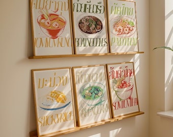Set of 6 Thai Food Posters – Modern Retro Bistro-Style Prints for Café, Kitchen or Restaurant Foodie Gift  Kitchen Decor Travel-Inspired