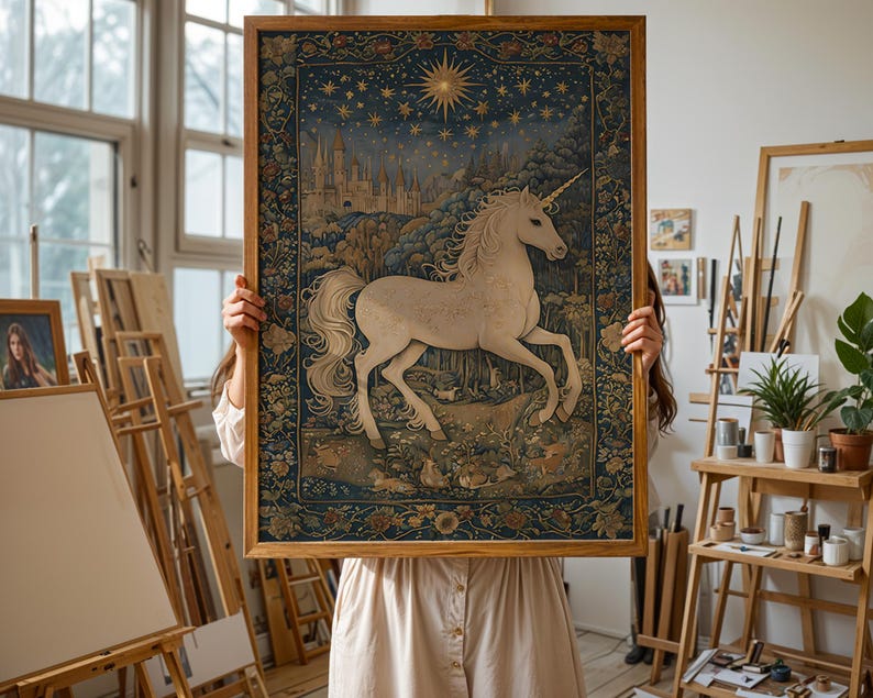May include: A framed tapestry featuring a white unicorn with a long flowing mane and tail, set against a backdrop of a castle, forest, and starry night sky. The artwork is framed in a natural wood frame.