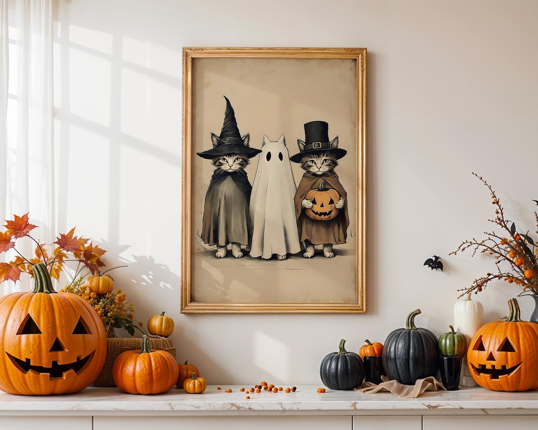 Halloween Cats Wall Art Cute Witch Cat, Ghost Cat & Pumpkin Cat ...