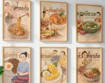 Thai Food Wall Art Set of 6 Traditional Thai Cuisine Posters Thai restaurant Pad Thai Tom Yum Green Curry Boat Noodles Mango Sticky Rice