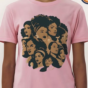 May include: A light pink t-shirt featuring a graphic of multiple women's faces in various styles and skin tones. The text "TEES OCEAN" is in a blue circle on the upper left. A fast delivery icon is on the upper right.