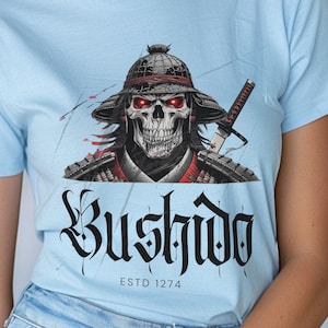 Bushido Samurai Skull T-Shirt, Japanese Warrior Tee, Oni Mask Skull Shirt, Robin Aesthetic Apparel, Samurai Code Shirt, Gothic East Asian