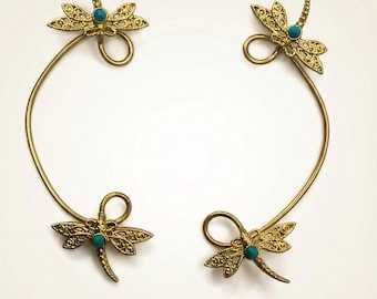 Brass Dragonfly Ear Cuff with Turquoise, Non Pierced Boho Ear Wrap
