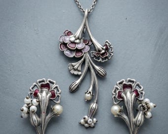 Handgemachte Meenakari Emaille Anhänger und Ohrringe Set, Jugendstil Blumen Schmuck für Sie, oxidierte Silber Emaille Halskette, Geburtstagsgeschenk