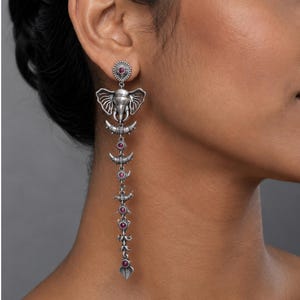 Oxidized Silver Elephant Drop Earrings, Tribal Statement Dangle Earrings, Long Boho Chandelier Earrings, Indian Gypsy Jewelry, Gift for Her