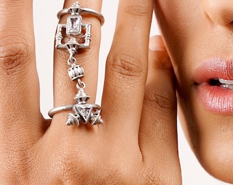 Doppelter Fingerring aus Silber | Geometrische Boho Statement Ring | Verbundene Kettenpanzerring | Edgy Artisan Schmuck für Sie
