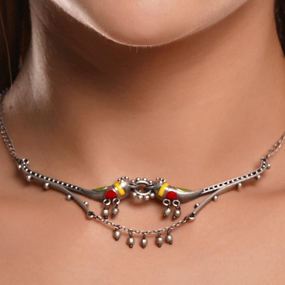 Oxidized Silver Meenakari Necklace: Handpainted Indian Boho Jewelry