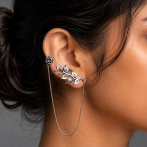 Örhänge och näskedja i oxiderat silverblad, utan piercing, falsk näsring till örhänge, blommig Helix-manschett, icke-piercade bohemiska smycken, gåva