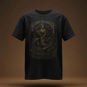 Puede incluir: Una camiseta negra de manga corta con un estampado gráfico en tono dorado en el pecho. El diseño muestra una figura vertiendo agua de un recipiente, rodeada por dos peces, columnas arquitectónicas ornamentadas y el texto PISCES en la parte inferior.