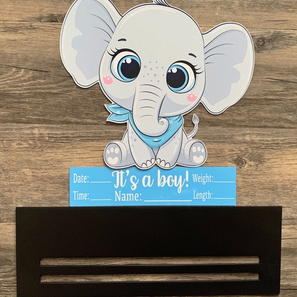 16x19” elephant it’s a boy announcement wreath rails , door hanger metal sign with wood backing and rails , wreath form