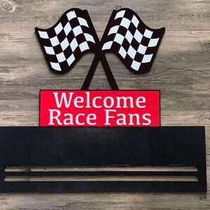 18x16 Race Flags Doorhanger With Rails-#348- Doorhanger- Metal Sign- Wood Rails