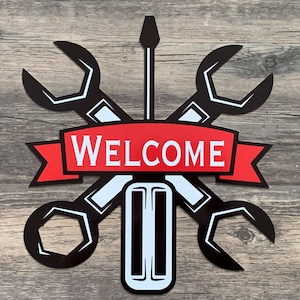 10.5x11.5&quot; Welcome Wreath Sign-#373- Wreath Sign- Metal Sign- Mechanic- Tools