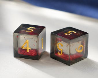 Smoky Black Resin Mahjong Dice Set of 2, Handmade Red & Gold D6 Dice Pair, Mahjong Game Accessories, Unique Mahjong Lover Gift
