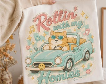 Rollin’ with my Homies PNG, Cute Cat Car Shirt Design, Retro Kitty Sublimation PNG, Funny Pet Lover Digital Download