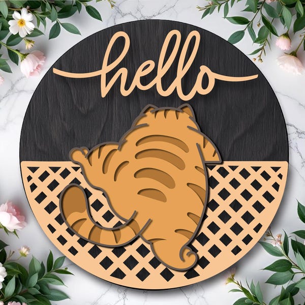 Hello Cat Round Sign SVG|Layered Wooden Cat Welcome Sign|Cute Kitty Door Hanger