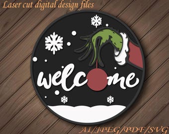 Welcome Sign SVG - Christmas Door Hanger Svg -  Svg Files -Paper cut- Laser Cut Files - Christmas Door Sign - Glowforge Cricut