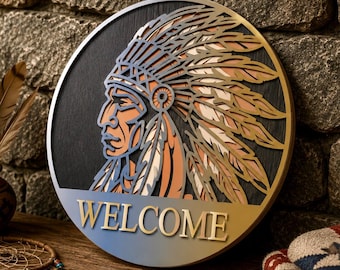 Native American Round Sig|Layered Welcome Door Hunger|Laser Cut Files for Glowforge (Digital Download)