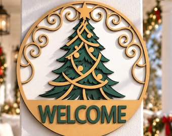 Christmas Welcome Door Sign, Round Tree Design, Farmhouse Holiday (Digital Download)