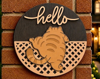 Layered Cat Welcome Sign SVG | Laser Cut Door Hanger (Digital Download)