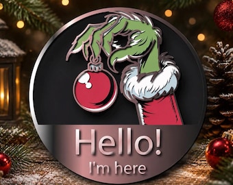 Hello Christmas Grinch SVG Round Sign, Snowflake Holiday Decor Cut File (Digital Download)