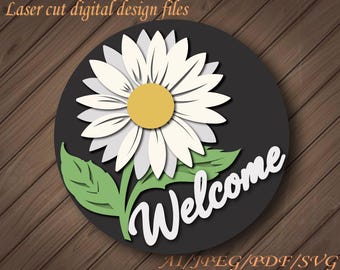 Welcome Sign SVG for Laser Cutters, Floral Door Hanger Design, Daisy Welcome Round, Glowforge Laser File, Summer Porch Decor, Flowers Sign