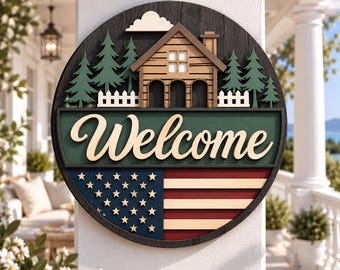 Welcome American Home Door Hanger SVG, Patriotic Laser File (Digital Download)