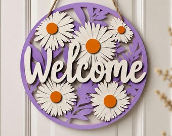 Welcome Daisies Door Hanger, Flowers SVG design file for Laser cutting.