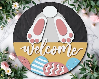 Easter Bunny Welcome Sign, Laser Cut Door Hanger SVG (Digital Download)