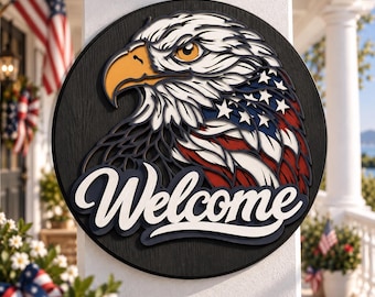 Welcome Patriotic Eagle Door Hanger SVG, Patriotic Laser File (Digital Download)