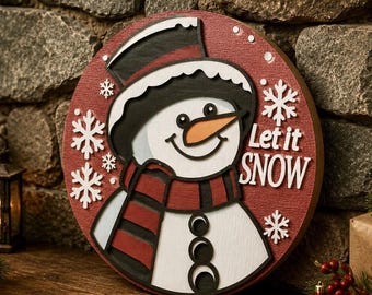 Let It Snow Snowman Sign, Round door hanger svg, Christmas holiday decor, Glowforge laser cut file