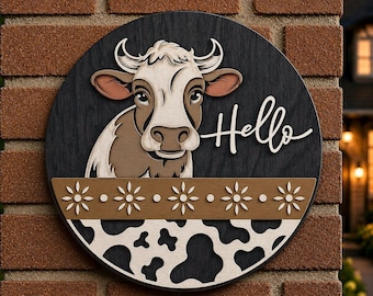 Layered Cow Welcome Sign SVG | Round Door Hanger, Laser Cut File (Digital Download)