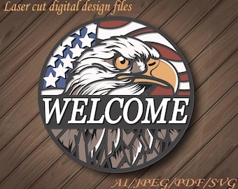Welcome Patriotic Eagle Sign, Round door hanger SVG, Glowforge laser file, Cricut, Patriotic welcome, 4th of July decor, Independence Day