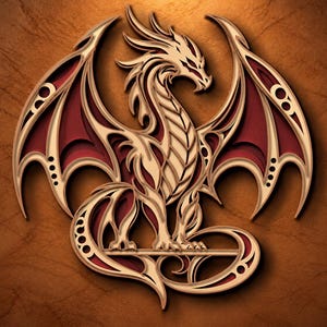 May include: A multi-layered laser-cut wooden wall art piece featuring a stylized dragon with intricate cutouts. The design showcases a cream-colored top layer with detailed filigree patterns, revealing deep red accents underneath the wings and body.
