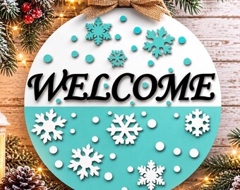 Winter Welcome Door Hanger SVG,Snowflake Laser Cut File, Layered Round Wood Sign Template