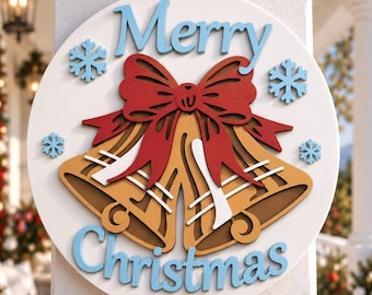 Christmas Bells Round Sign SVG, Snowflake Holiday Decor Cut File (Digital Download)