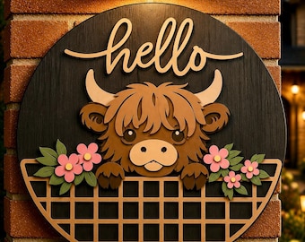 Highland Cow Round Sign SVG | Layered Wooden Welcome Door Hanger (Digital Download)