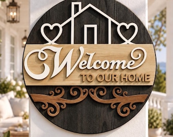 Welcome To Our Home Floral Door Hanger SVG, Layered Round Sign Laser Cut File