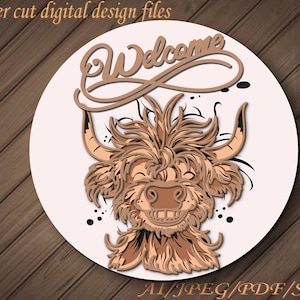 Süßes Highland Kuh Wildblumen Willkommensschild, digitaler Download, Türschild Türschild, Glowforge Laser-Datei, Cricut, Bauernhof Dekor