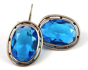 Vintage Soviet 875 Silver Earrings with Blue Stones, Gold Plated, USSR Jewelry