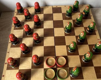 Vintage Wooden Checkers Set Matryoshka Hand Painted Soviet Style Board Game