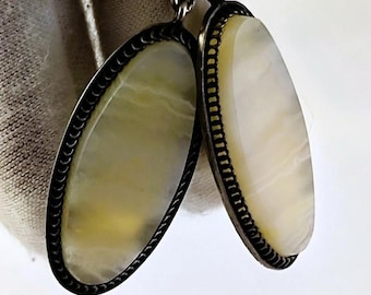 Vintage Soviet 875 Silver Earrings with Agate Stone, USSR Jewelry, Large Statement Earrings