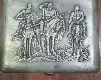 Vintage Cigarette Case “Three Bogatyrs” – Metallodetal Factory, Brass with Silver Plating