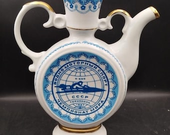 Vintage Ternopil Porcelain Kumaneць Flask, Water Motor Sport Theme, Rare Soviet Decanter