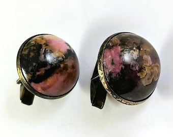 Vintage Soviet Silver Cufflinks — 875 Silver “Star” Mark — Rhodonite Stone — USSR