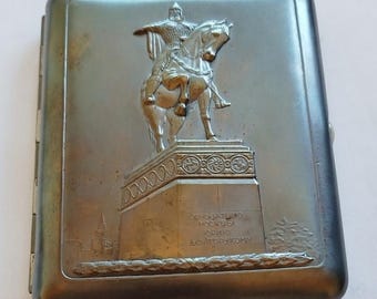 Vintage Soviet Cigarette Case — Monument to Yuri Dolgorukiy — Neusilber (Nickel Silver) — Stone Button — USSR