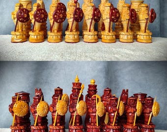 Vintage Hand Carved Wooden Chess Set USSR Medieval Style With Board Large