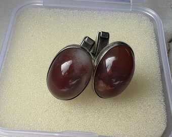 Vintage USSR Silver Cufflinks 875, Stone Inlay, Soviet Jewelry, 11.45 g