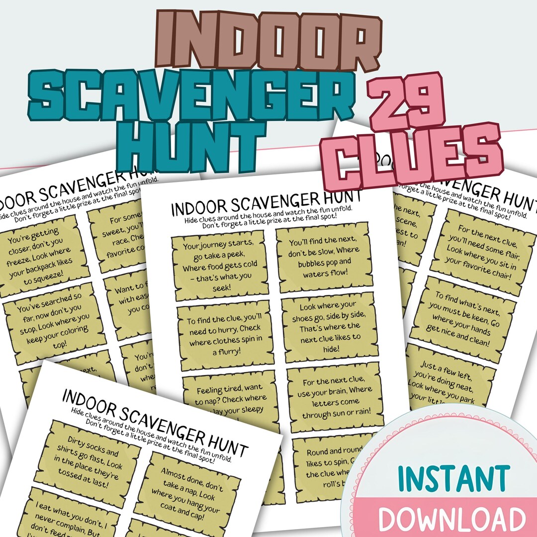 Indoor Scavenger Hunt Clues, Printable Treasure Quest for Kids ...